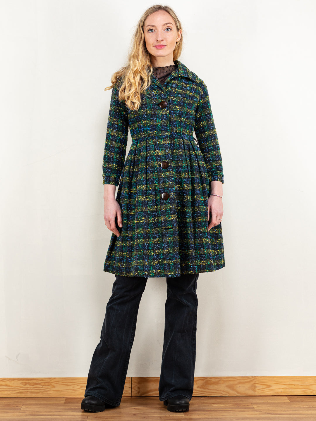 Vintage 50's Women Plaid Woven Coat in Blue - NorthernGrip