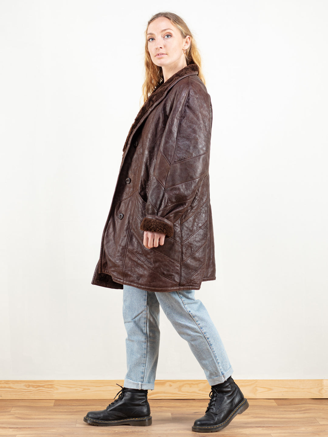 Vintage 70's Women Brown Leather Sheepskin Coat - NorthernGrip