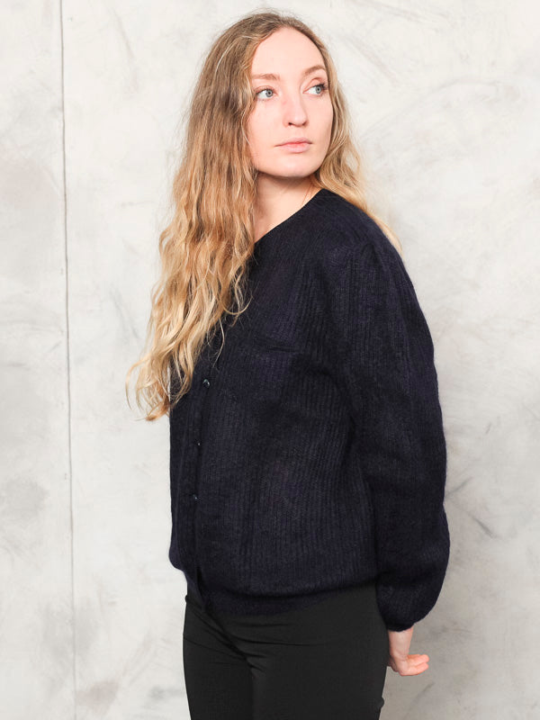 Vintage 70's Women Navy Blue Knit Cardigan - NorthernGrip
