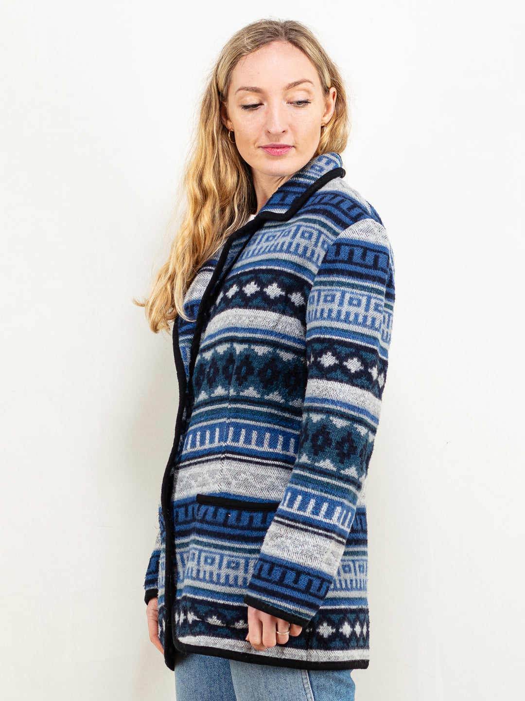 Vintage 80's Women Aztec Style Jacket in Blue - NorthernGrip