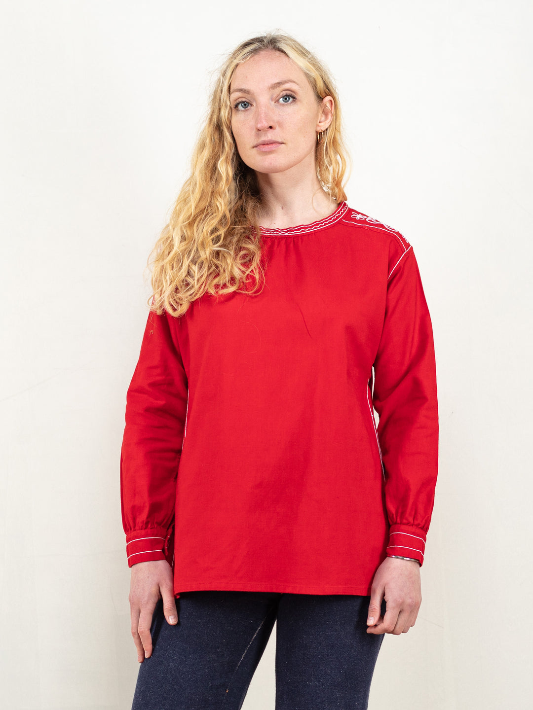 Vintage 70's Women Red Embroidered Shirt - NorthernGrip