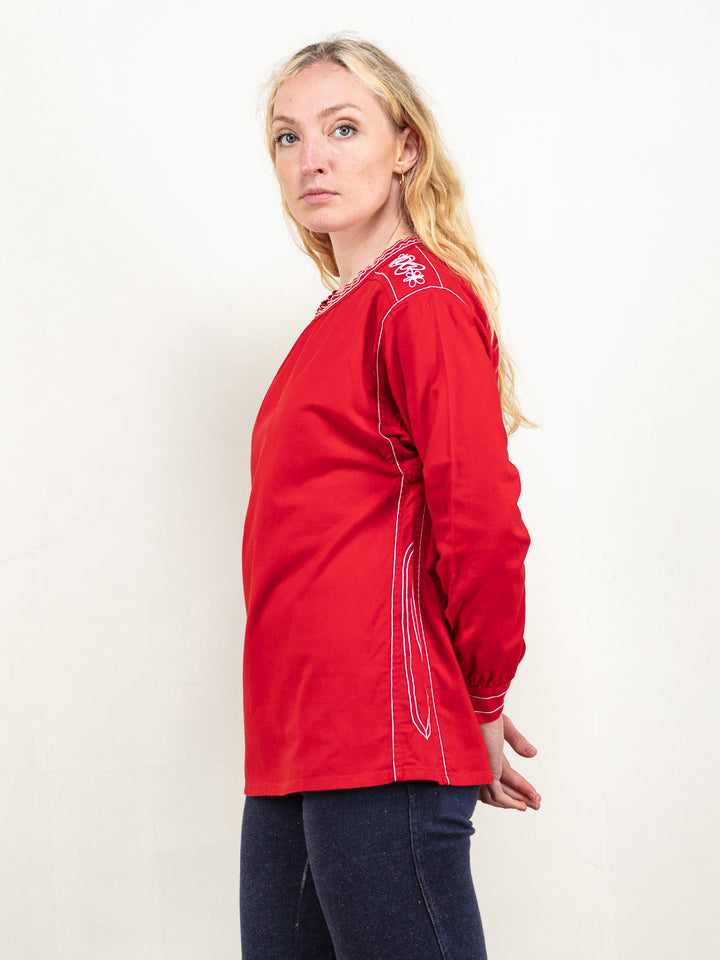 Vintage 70's Women Red Embroidered Shirt - NorthernGrip