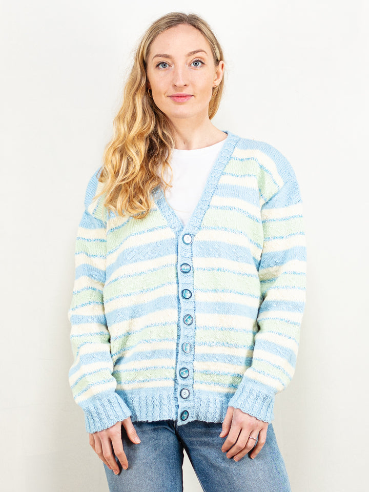 Vintage 80's Women Striped Cardigan in Blue and Green - NorthernGrip