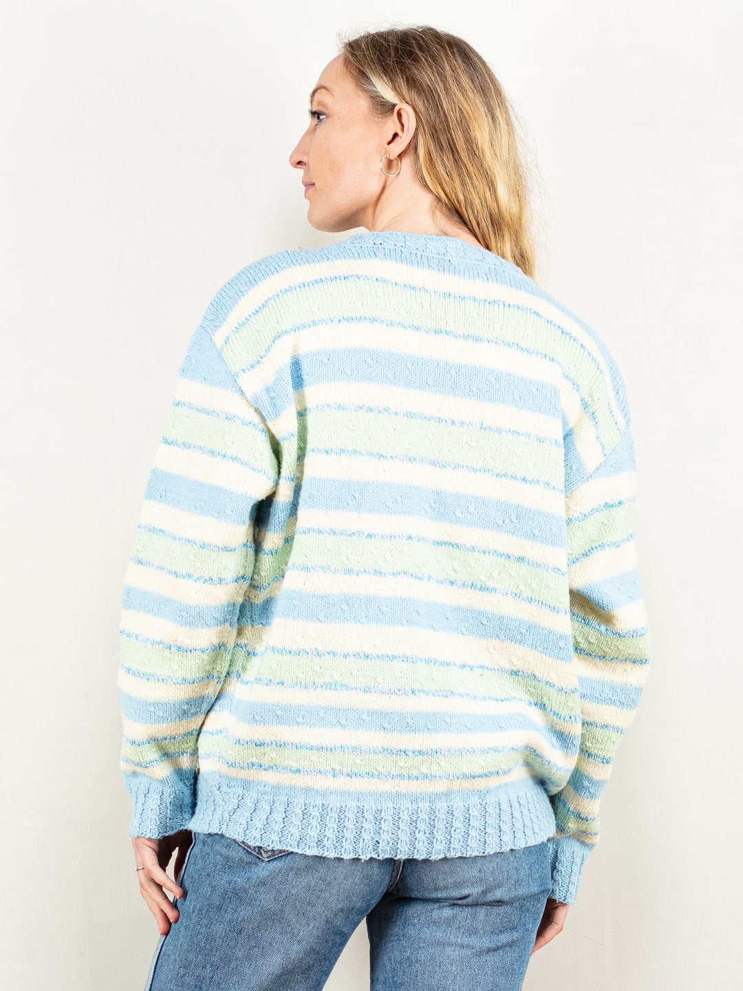 Vintage 80's Women Striped Cardigan in Blue and Green - NorthernGrip