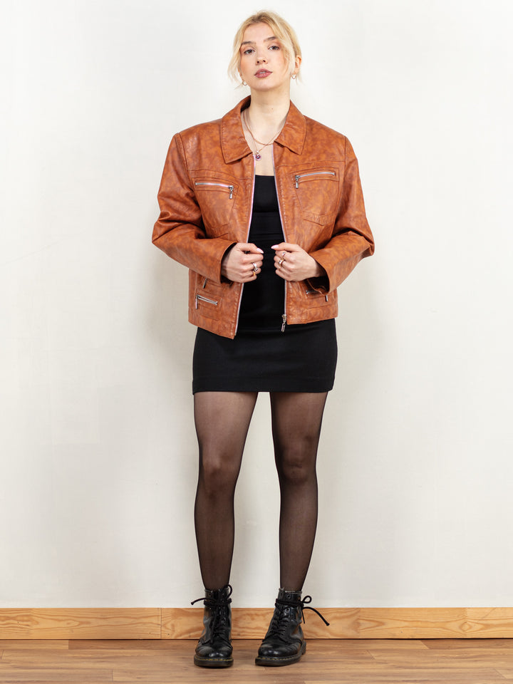 Vintage 80's Women Leather Bomber Jacket in Brown - NorthernGrip
