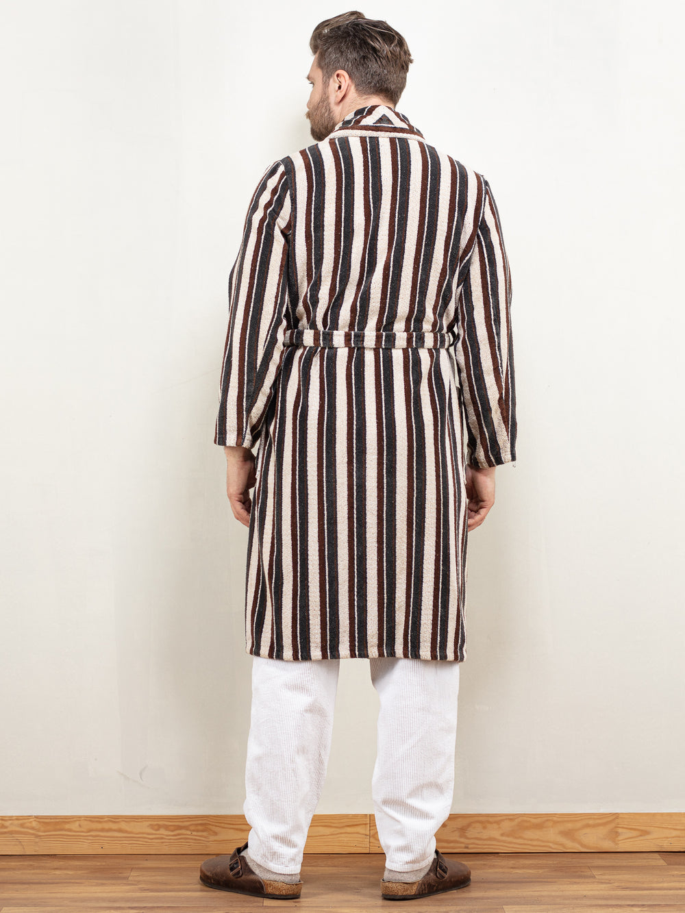Vintage 80's Men Bathrobe in White and Brown - NorthernGrip