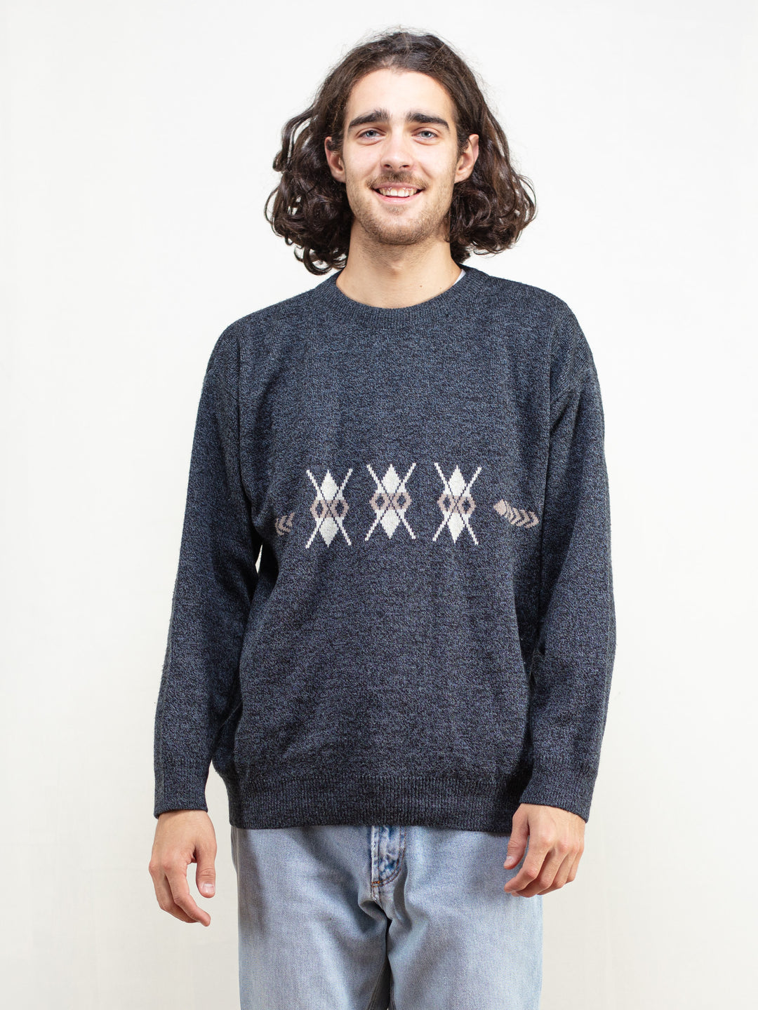 Vintage 90's Grey Patterned Men Sweater - NorthernGrip
