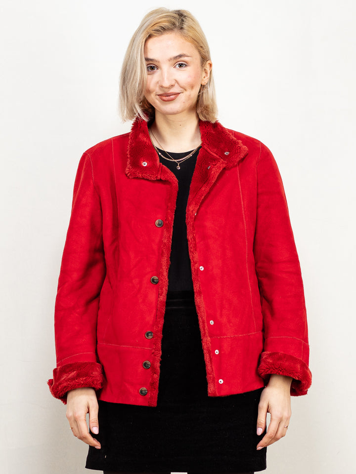 Vintage 90's Women Faux Shearling Jacket in Red - NorthernGrip