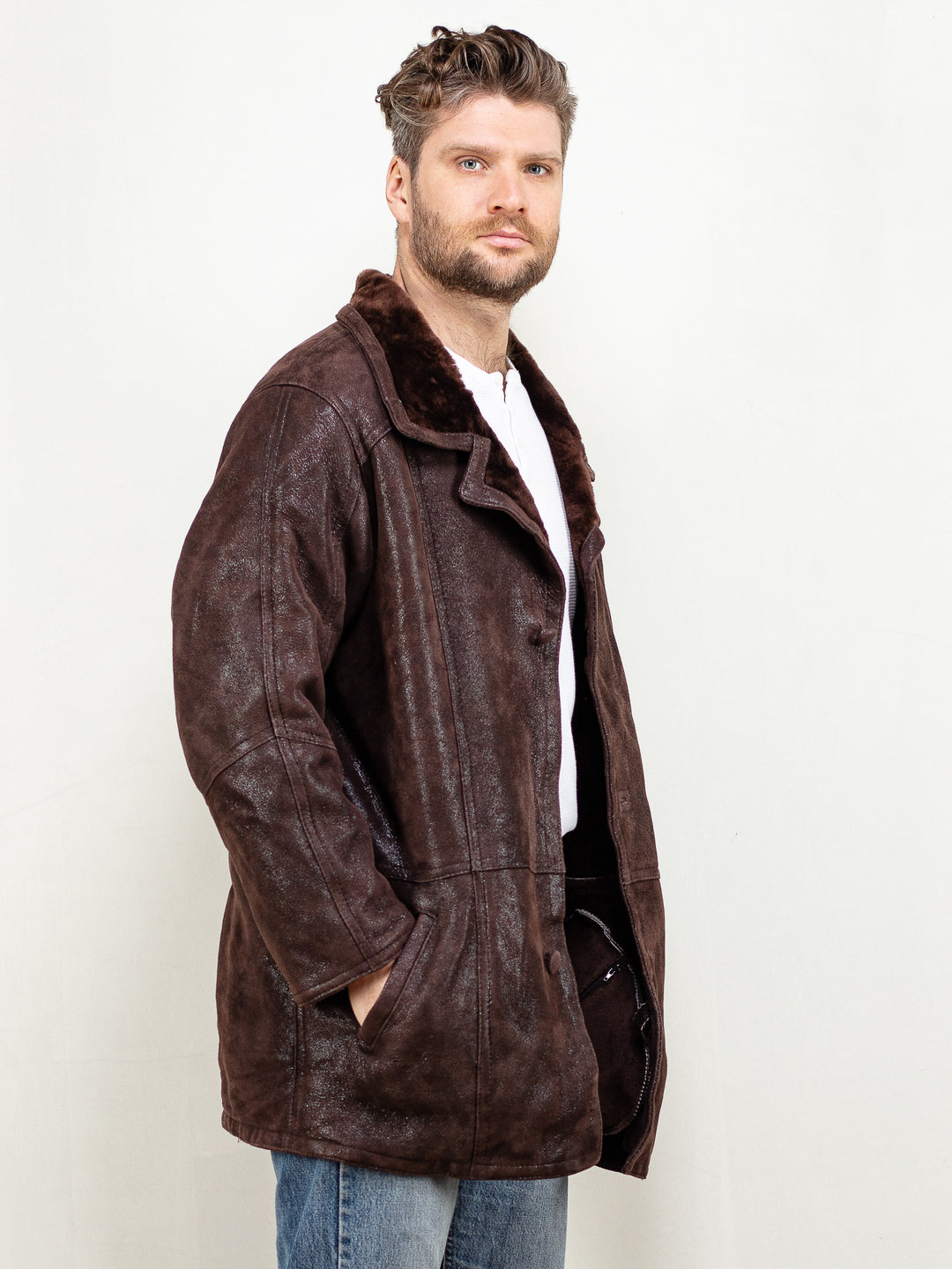 Vintage 90's Men Sheepskin Coat in Brown - NorthernGrip